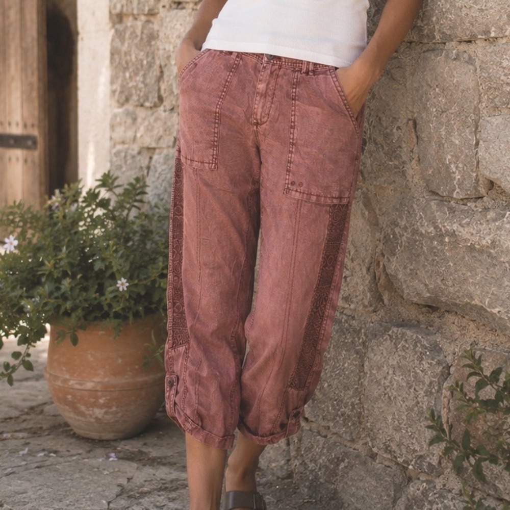 Hei Hei Anthropologie Linen Crochet Lace Trim Crop Pants Terracotta Red 27 A7